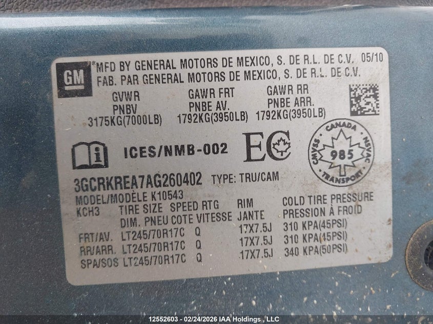 2010 Chevrolet Silverado 1500 Ls VIN: 3GCRKREA7AG260402 Lot: 12552603