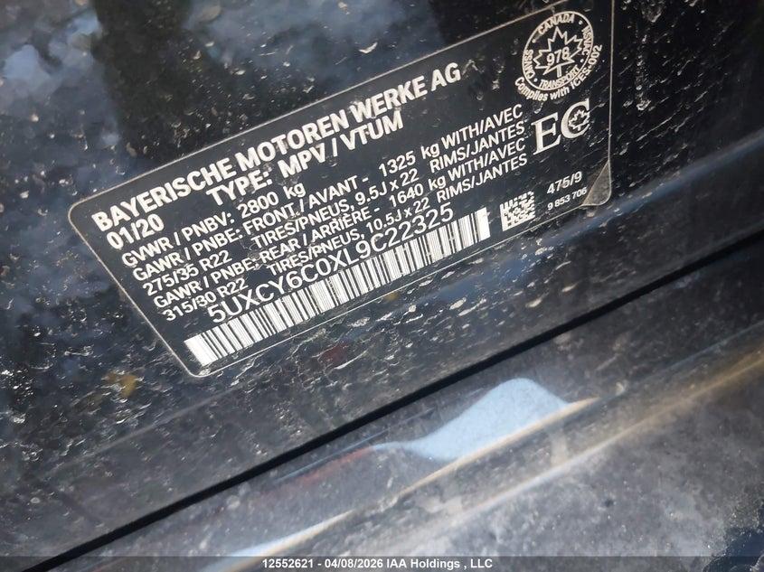 2020 BMW X6 xDrive40I VIN: 5UXCY6C0XL9C22325 Lot: 12552621