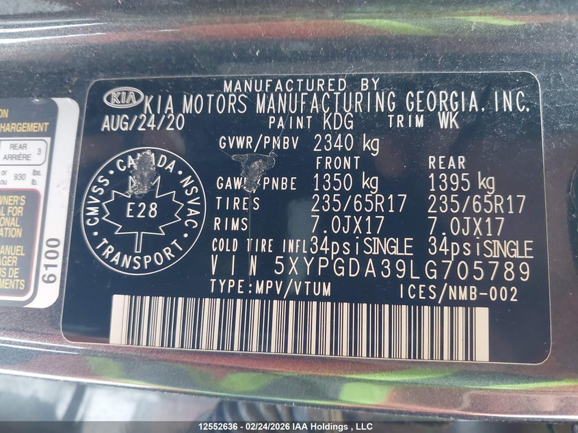 2020 Kia Sorento 2.4L Lx/2.4L Lx+/3.3L Lx+ VIN: 5XYPGDA39LG705789 Lot: 12552636