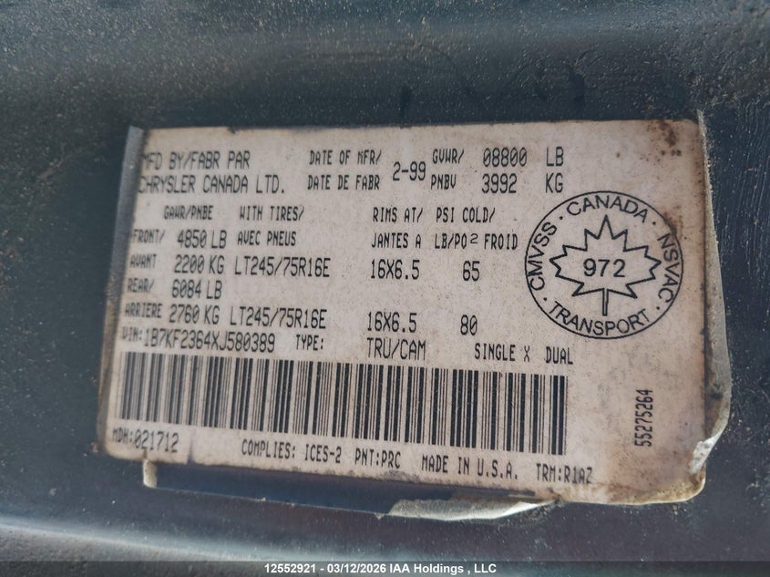 1999 Dodge Ram 2500 St VIN: 1B7KF2364XJ580389 Lot: 12552921