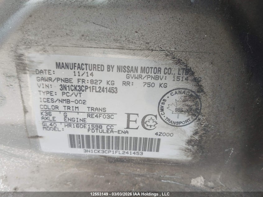 2015 Nissan Micra VIN: 3N1CK3CP1FL241453 Lot: 12553149