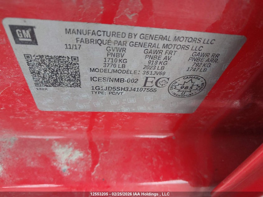 2018 Chevrolet Sonic Lt VIN: 1G1JD5SH3J4107555 Lot: 12553205