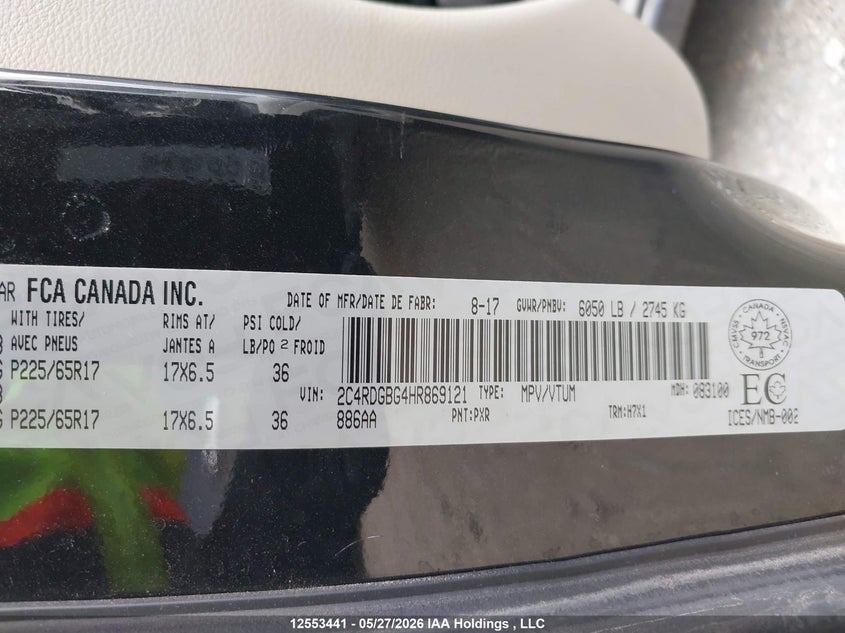 2017 Dodge Grand Caravan Cvp/Sxt VIN: 2C4RDGBG4HR869121 Lot: 12553441