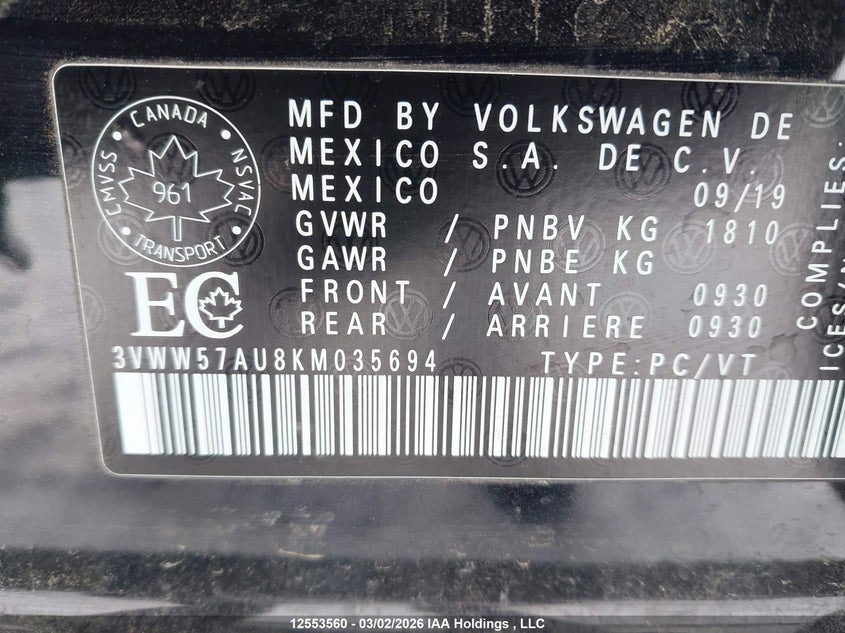 2019 Volkswagen Golf S/Se VIN: 3VWW57AU8KM035694 Lot: 12553560