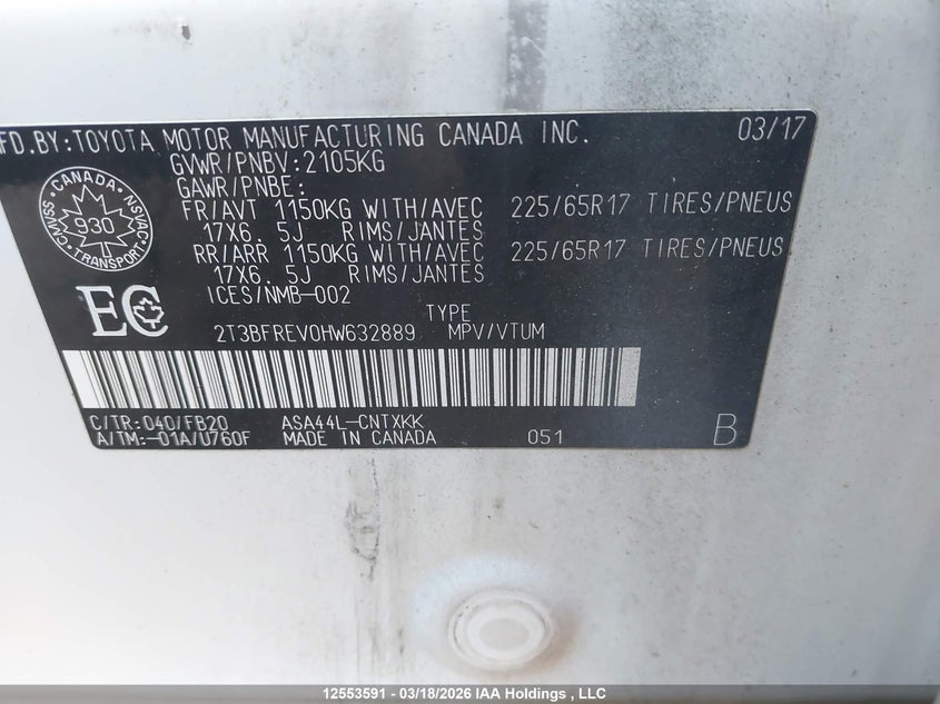 2017 Toyota Rav4 Le VIN: 2T3BFREV0HW632889 Lot: 12553591