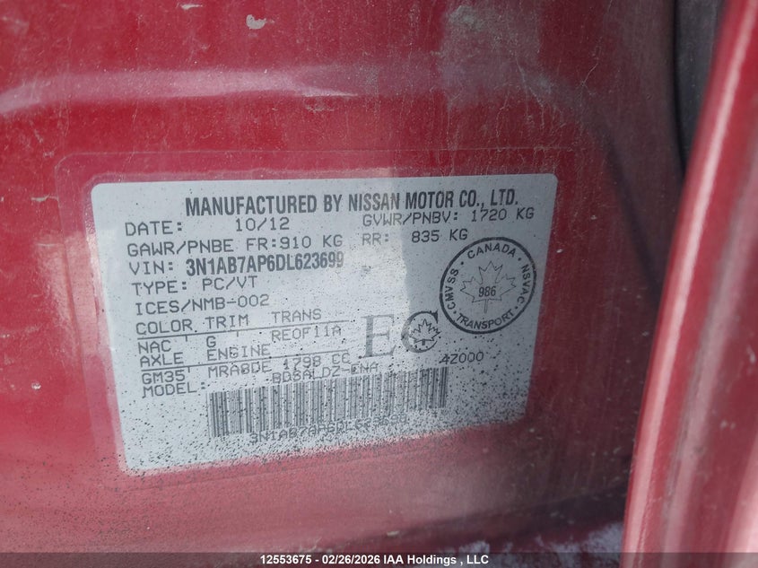 2013 Nissan Sentra VIN: 3N1AB7AP6DL623699 Lot: 12553675