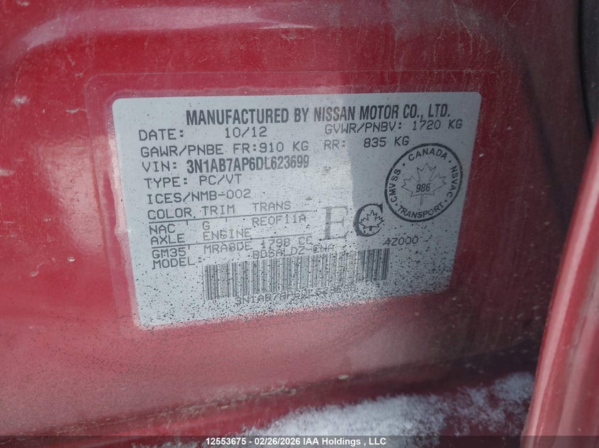 2013 Nissan Sentra VIN: 3N1AB7AP6DL623699 Lot: 12553675