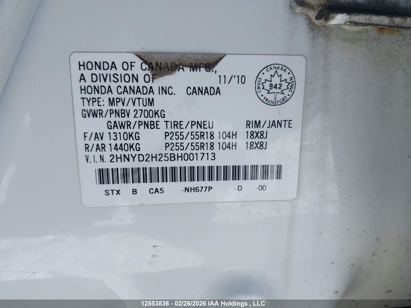 2011 Acura Mdx VIN: 2HNYD2H25BH001713 Lot: 12553836