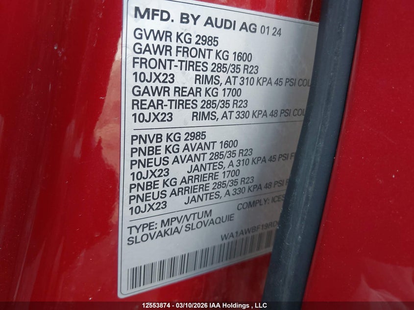 2024 Audi Sq8 4.0T VIN: WA1AWBF19RD007849 Lot: 12553874