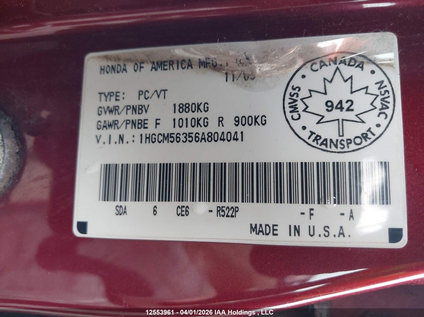 2006 Honda Accord Se VIN: 1HGCM56356A804041 Lot: 12553961