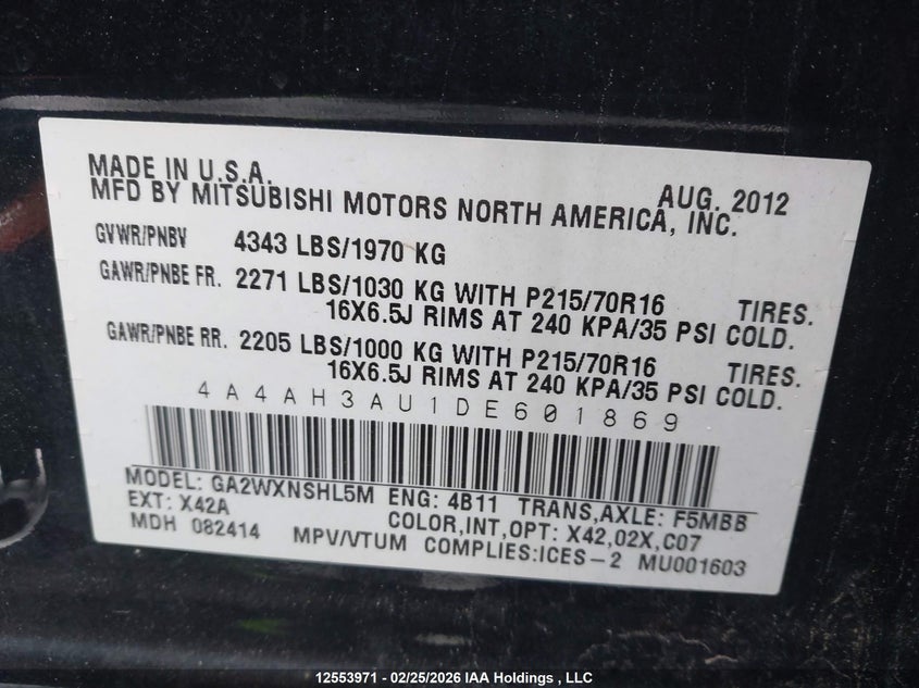 2013 Mitsubishi Rvr Se VIN: 4A4AH3AU1DE601869 Lot: 12553971