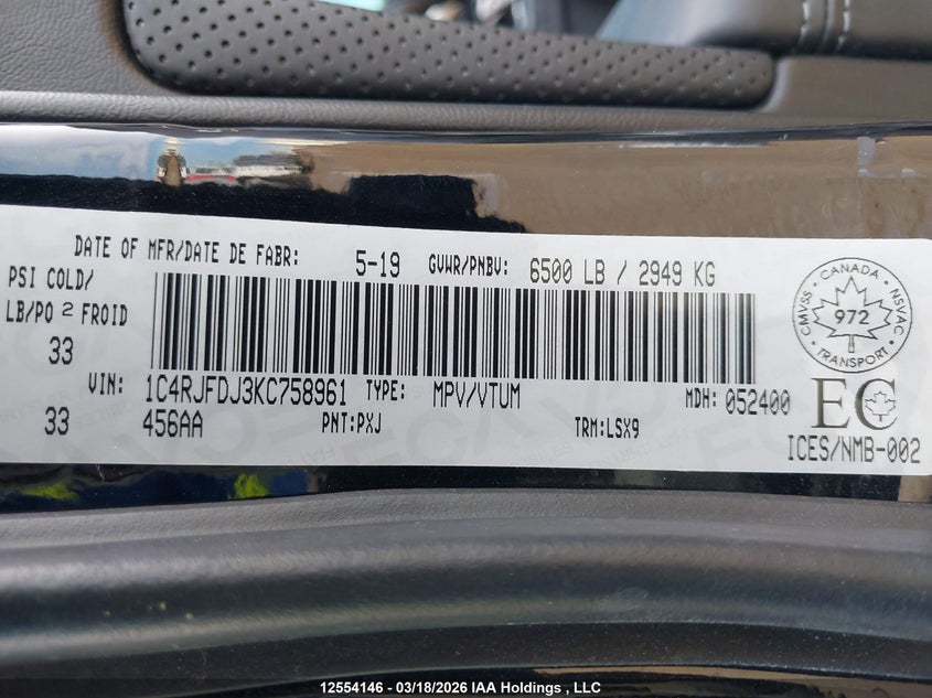 2019 Jeep Grand Cherokee Srt VIN: 1C4RJFDJ3KC758961 Lot: 12554146