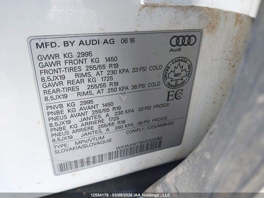 2017 Audi Q7 3.0T Komfort VIN: WA1AAAF79HD020189 Lot: 12554176