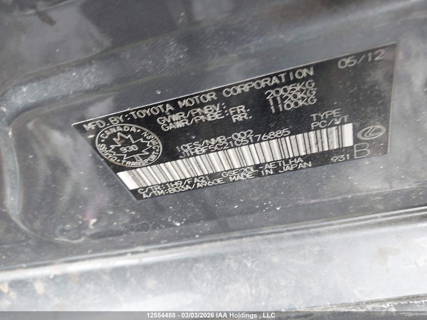 2012 Lexus Is 250 VIN: JTHBF5C21C5176885 Lot: 12554488