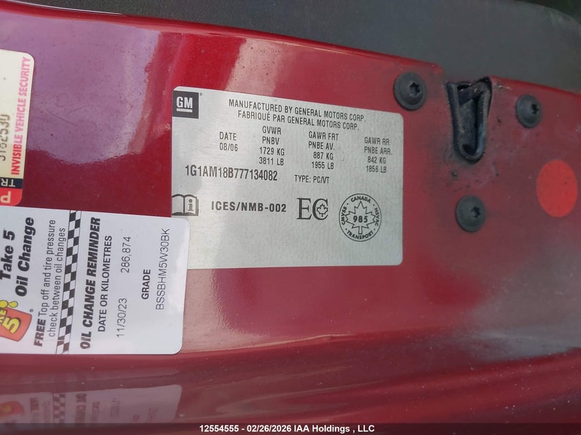 2007 Chevrolet Cobalt Ss VIN: 1G1AM18B777134082 Lot: 12554555