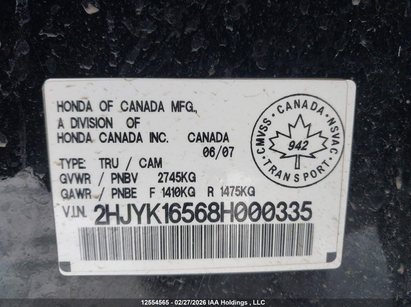 2008 Honda Ridgeline Ex-L VIN: 2HJYK16568H000335 Lot: 12554565