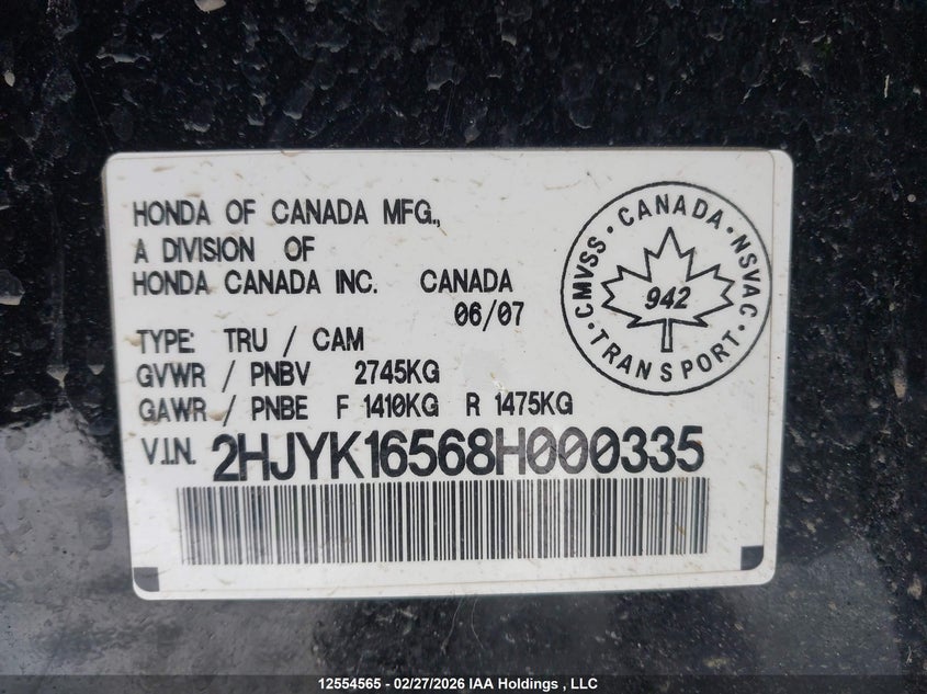 2008 Honda Ridgeline Ex-L VIN: 2HJYK16568H000335 Lot: 12554565