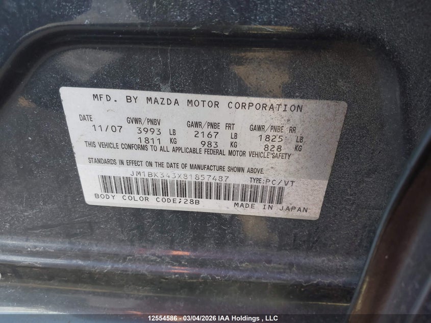 2008 Mazda Mazda3 Gs/Gt VIN: JM1BK343X81857487 Lot: 12554586