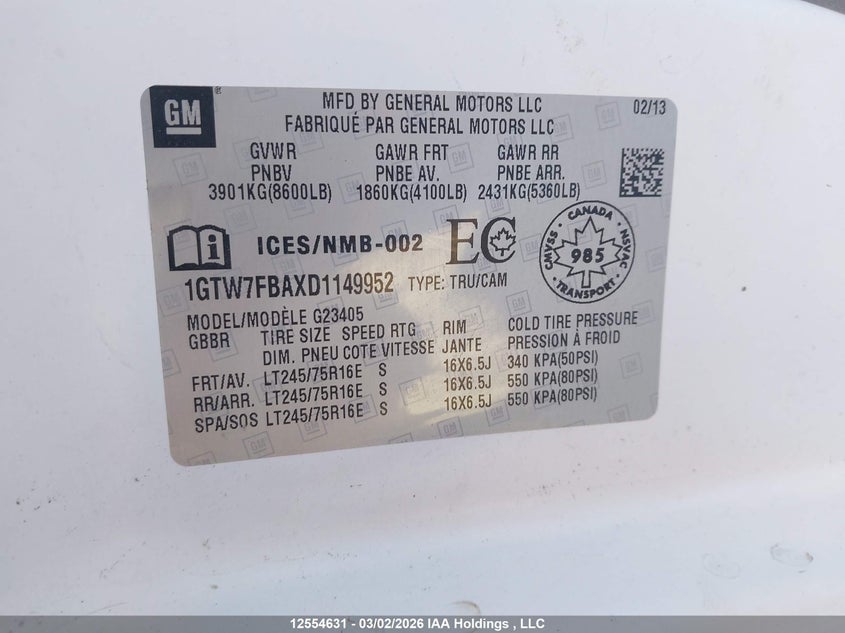 2013 Gmc Savana 4.8 G2500 White Lot 111012554631 Vin 1GTW7FBAXD1149952