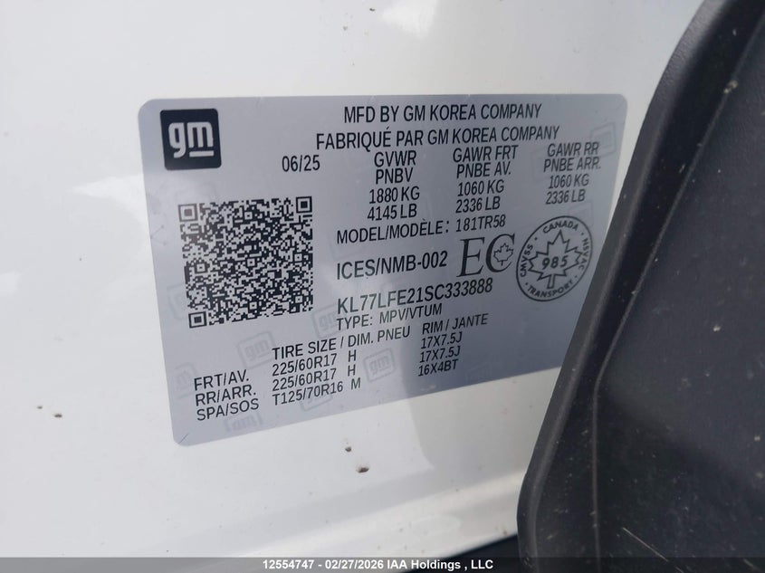 2025 Chevrolet Trax Ls VIN: KL77LFE21SC333888 Lot: 12554747