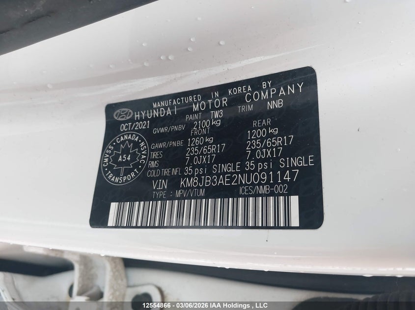 2022 Hyundai Tucson Essential Fwd VIN: KM8JB3AE2NU091147 Lot: 12554866