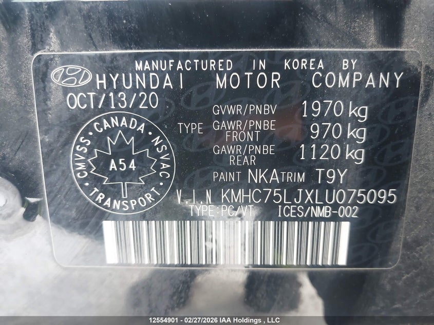 2020 Hyundai Ioniq VIN: KMHC75LJXLU075095 Lot: 12554901