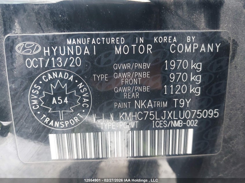 2020 Hyundai Ioniq VIN: KMHC75LJXLU075095 Lot: 12554901