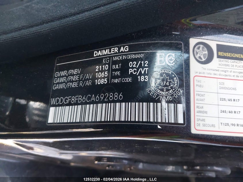 2012 Mercedes-benz C class 2.5 C 250 4matic Black Lot 1110125322300 Vin WDDGF8FB6CA692886