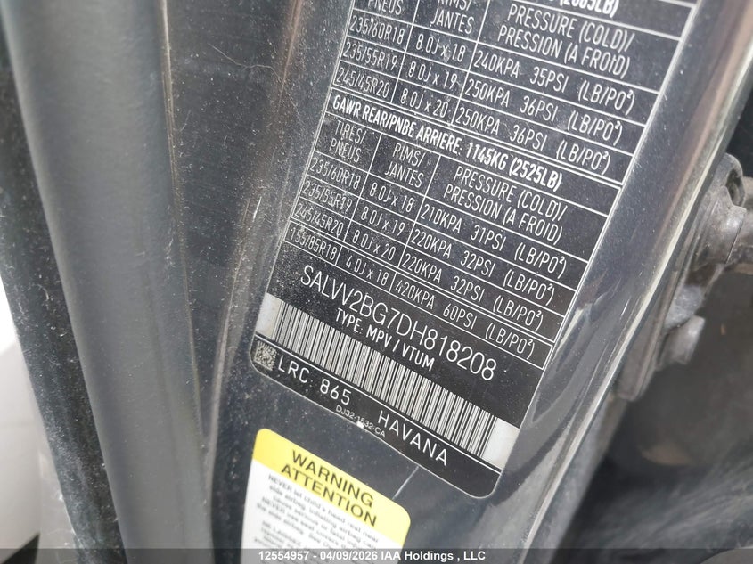 2013 Land Rover Range Rover Evoque Pure VIN: SALVV2BG7DH818208 Lot: 12554957