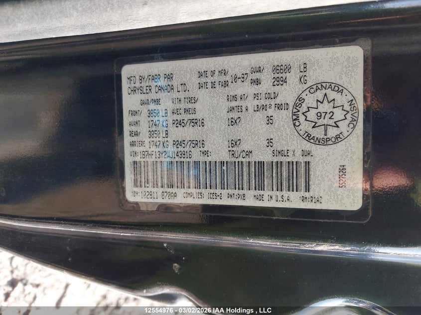 1998 Dodge Ram 1500 VIN: 1B7HF13Y2WJ143916 Lot: 12554976