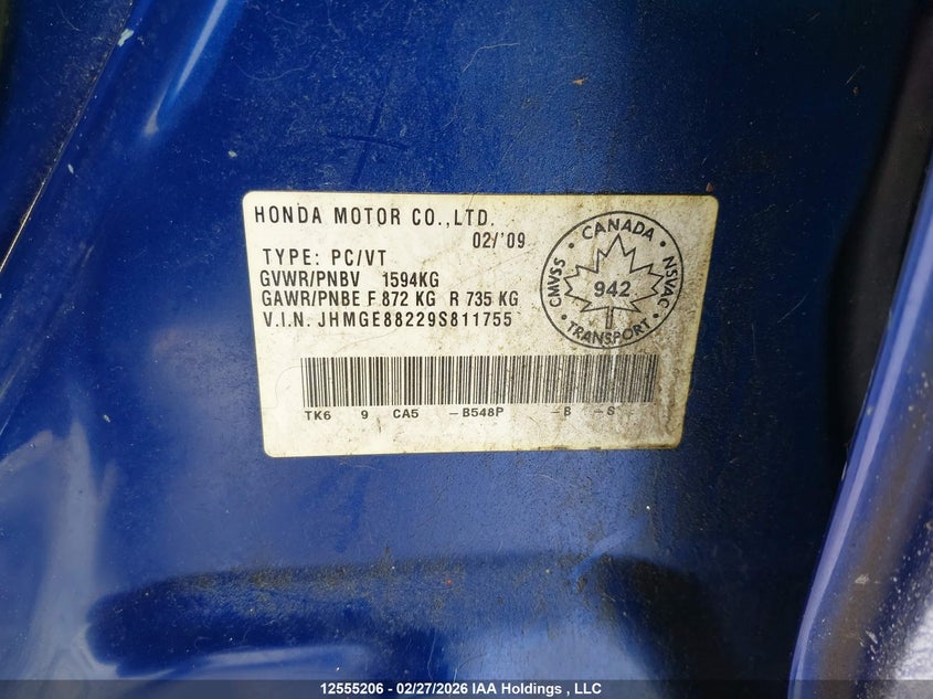 2009 Honda Fit VIN: JHMGE88229S811755 Lot: 12555206