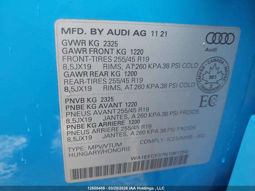 2022 Audi Q3 Premium Plus S Line 45 VIN: WA1EECF37N1061254 Lot: 12555489