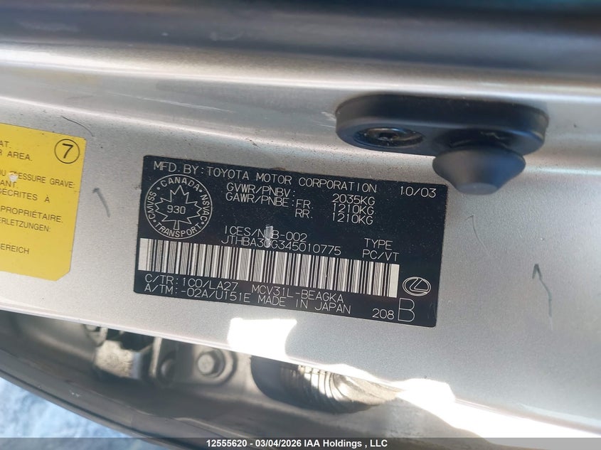 2004 Lexus Es 330 VIN: JTHBA30G345010775 Lot: 12555620