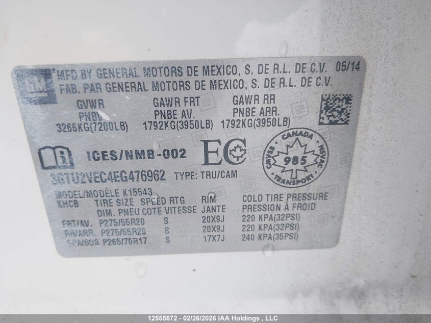 2014 GMC Sierra 1500 Slt VIN: 3GTU2VEC4EG476962 Lot: 12555672