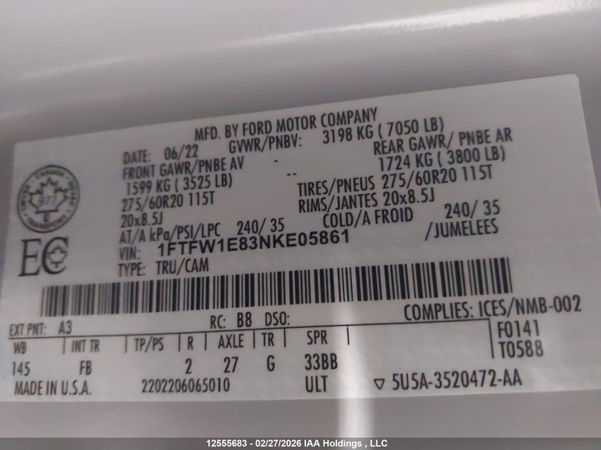 2022 Ford F150 Supercrew VIN: 1FTFW1E83NKE05861 Lot: 12555683