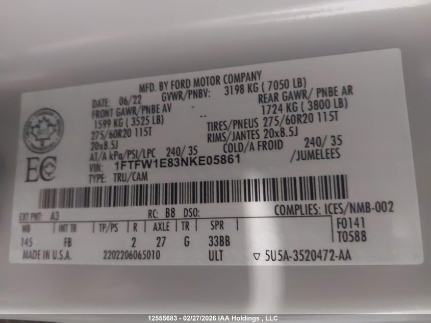 2022 Ford F150 Supercrew VIN: 1FTFW1E83NKE05861 Lot: 12555683