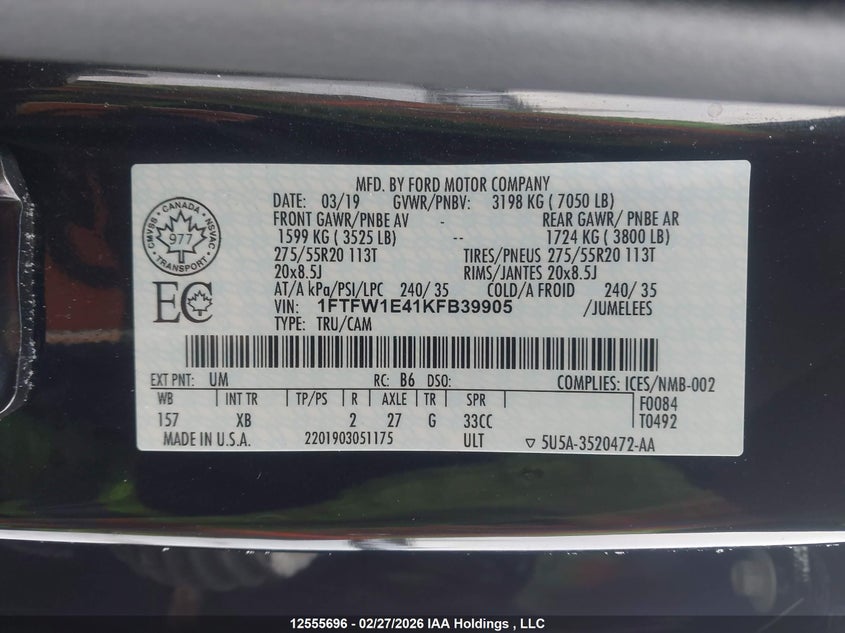 2019 Ford F150 Supercrew VIN: 1FTFW1E41KFB39905 Lot: 12555696