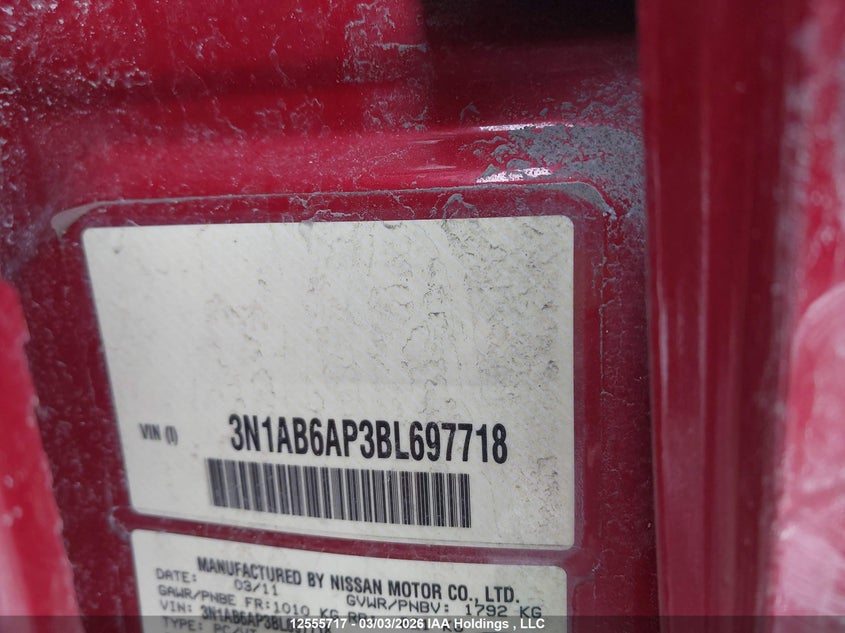 2011 Nissan Sentra 2.0/2.0S/Sr/2.0Sl VIN: 3N1AB6AP3BL697718 Lot: 12555717