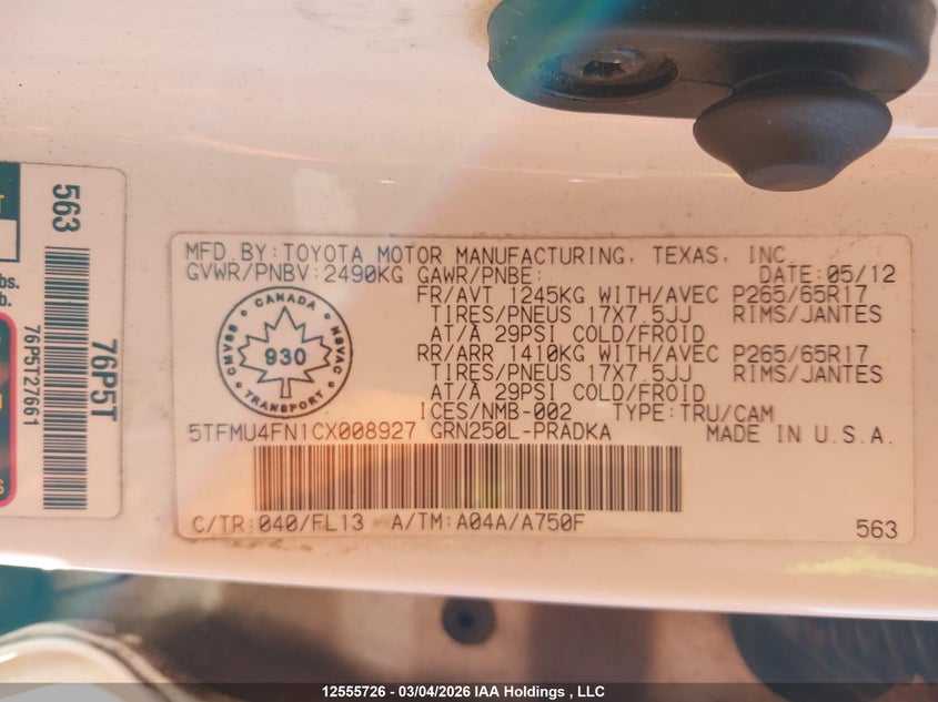 2012 Toyota Tacoma V6 VIN: 5TFMU4FN1CX008927 Lot: 12555726