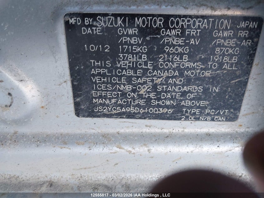 2013 Suzuki Sx4 Sport VIN: JS2YC5A95D6100396 Lot: 12555817