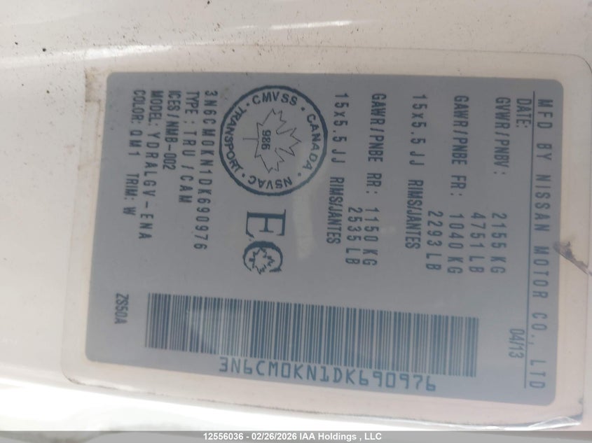 2013 Nissan Nv200 S/Sv VIN: 3N6CM0KN1DK690976 Lot: 12556036