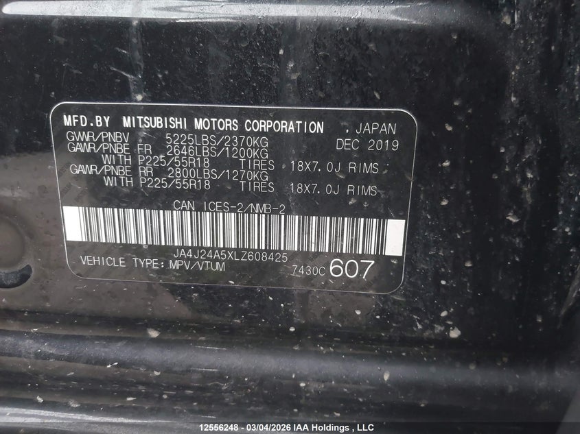 2020 Mitsubishi Outlander Sel/Gt/Fe VIN: JA4J24A5XLZ608425 Lot: 12556248