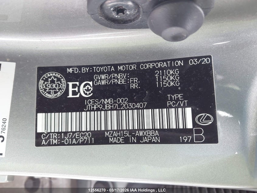 2020 Lexus Ux 250H VIN: JTHP9JBH7L2030407 Lot: 12556270