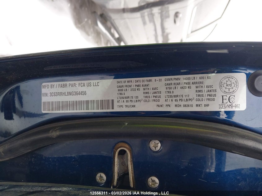 2022 Ram 3500 Big Horn/Lone Star VIN: 3C63RRHL8NG364456 Lot: 12556311