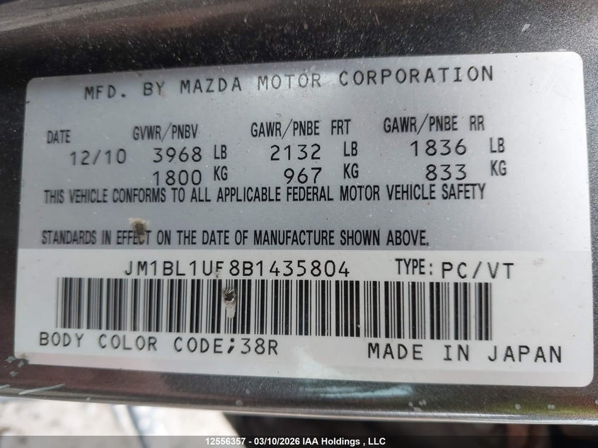 2011 Mazda 3 I VIN: JM1BL1UF8B1435804 Lot: 12556357