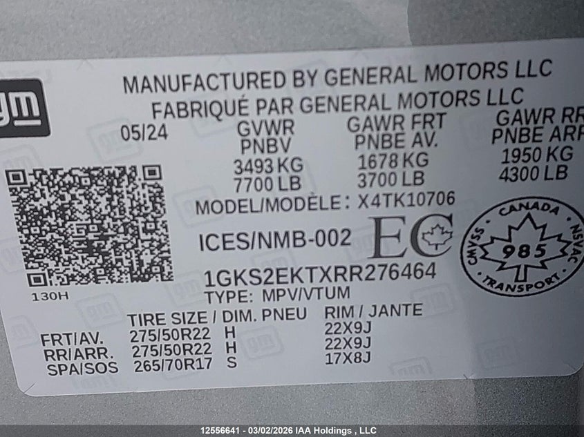 2024 GMC Yukon Denali Ultimate VIN: 1GKS2EKTXRR276464 Lot: 12556641