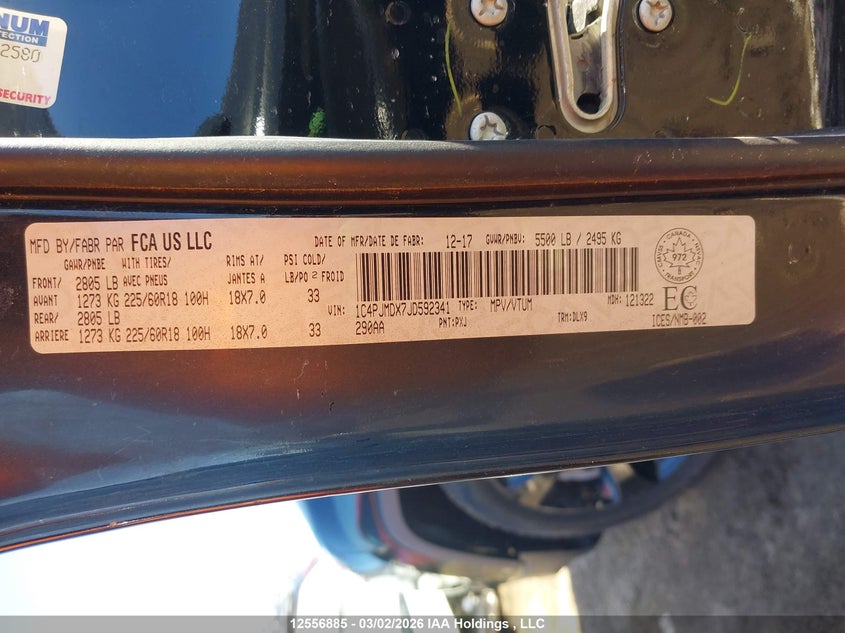 2018 Jeep Cherokee Limited VIN: 1C4PJMDX7JD592341 Lot: 12556885