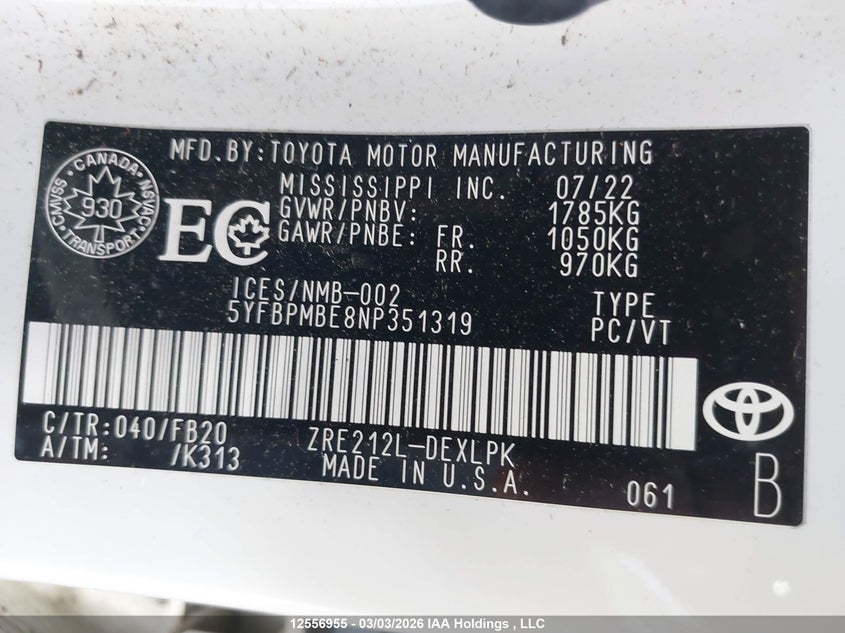 2022 TOYOTA COROLLA SEDAN 1.8L I4 N