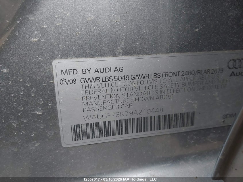 2009 Audi A4 VIN: WAUGF78K79A210448 Lot: 12557017