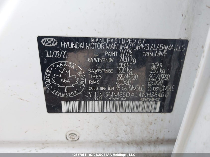 2022 Hyundai Santa Fe Ultimate Calligraphy VIN: 5NMS5DAL4NH384012 Lot: 12557051